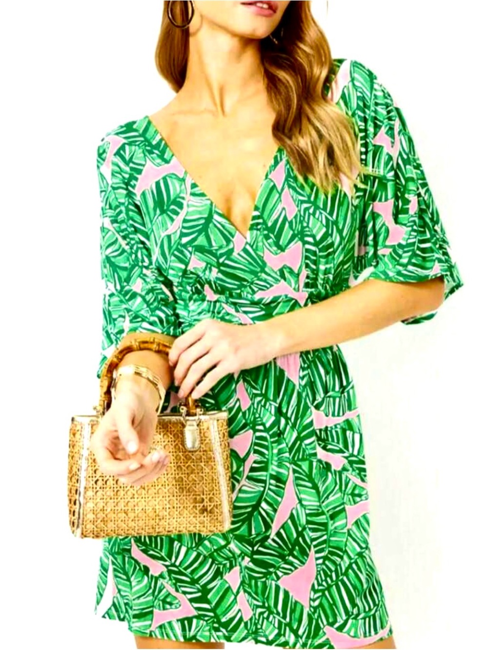 Tropical Palm Green Wrap Shorts Romper Dress L